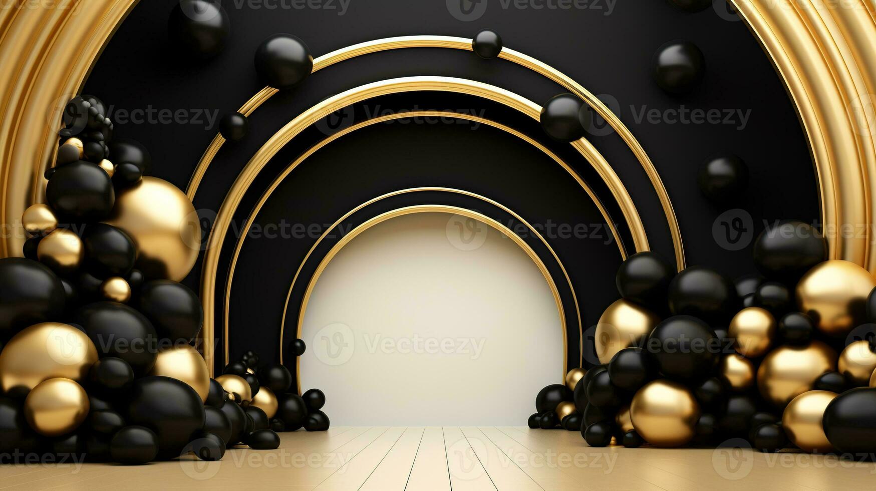 Generative AI, arch of black and golden balloons. Mock up for Black Friday or other holiday 3d background photo