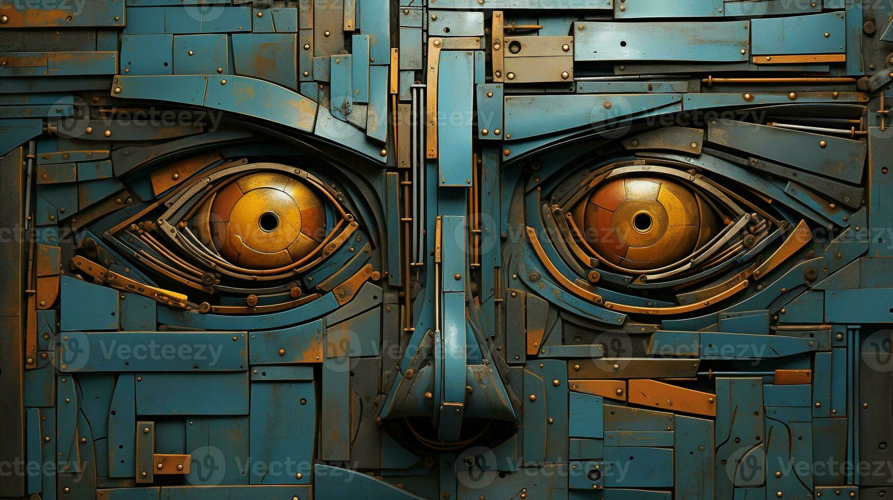 Generative AI, Abstract robotic face on rusty vintage metal background, geometric shapes photo