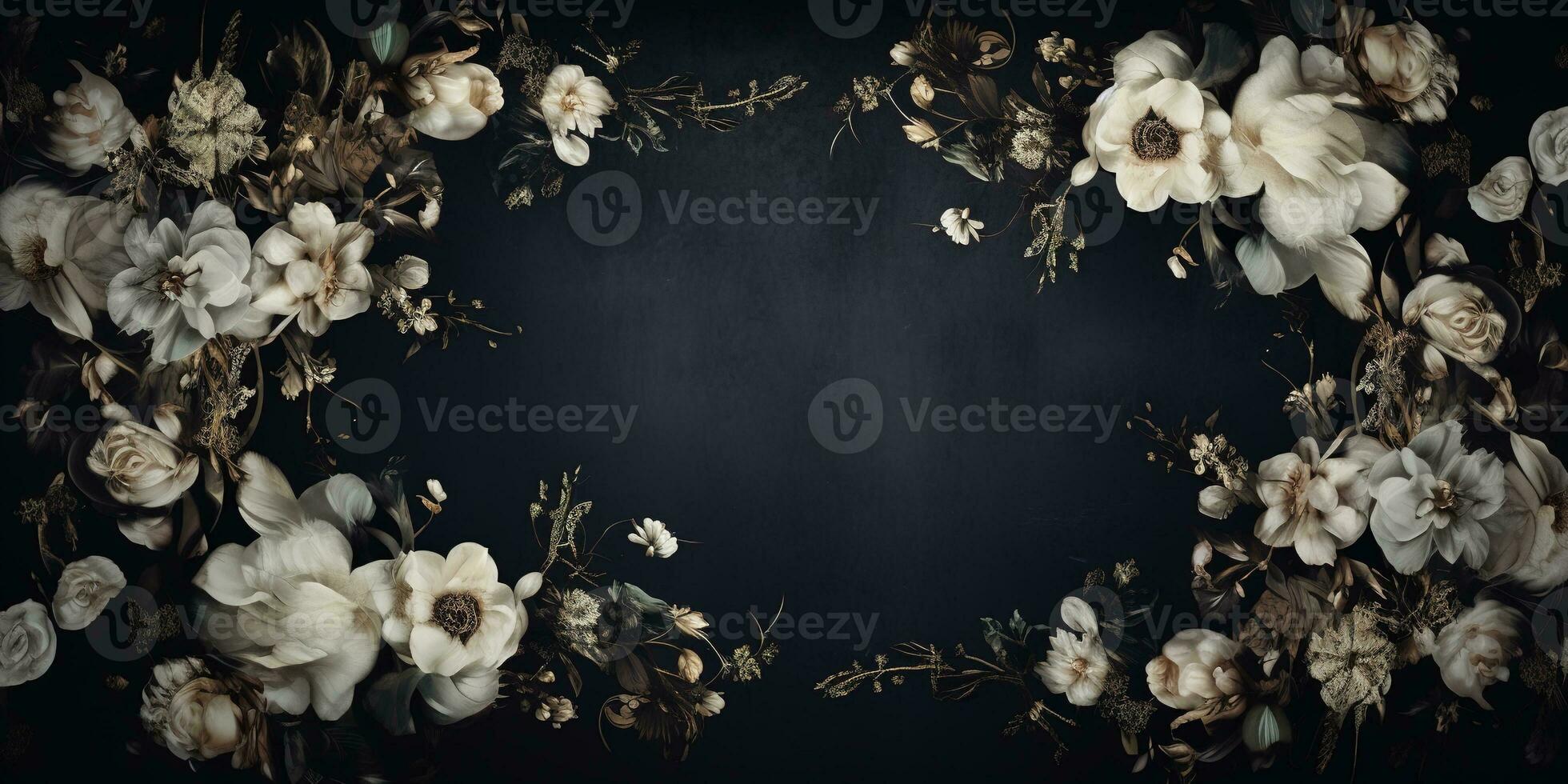 Generative AI, vintage frame with white flowers, futuristic victorian, black background photo