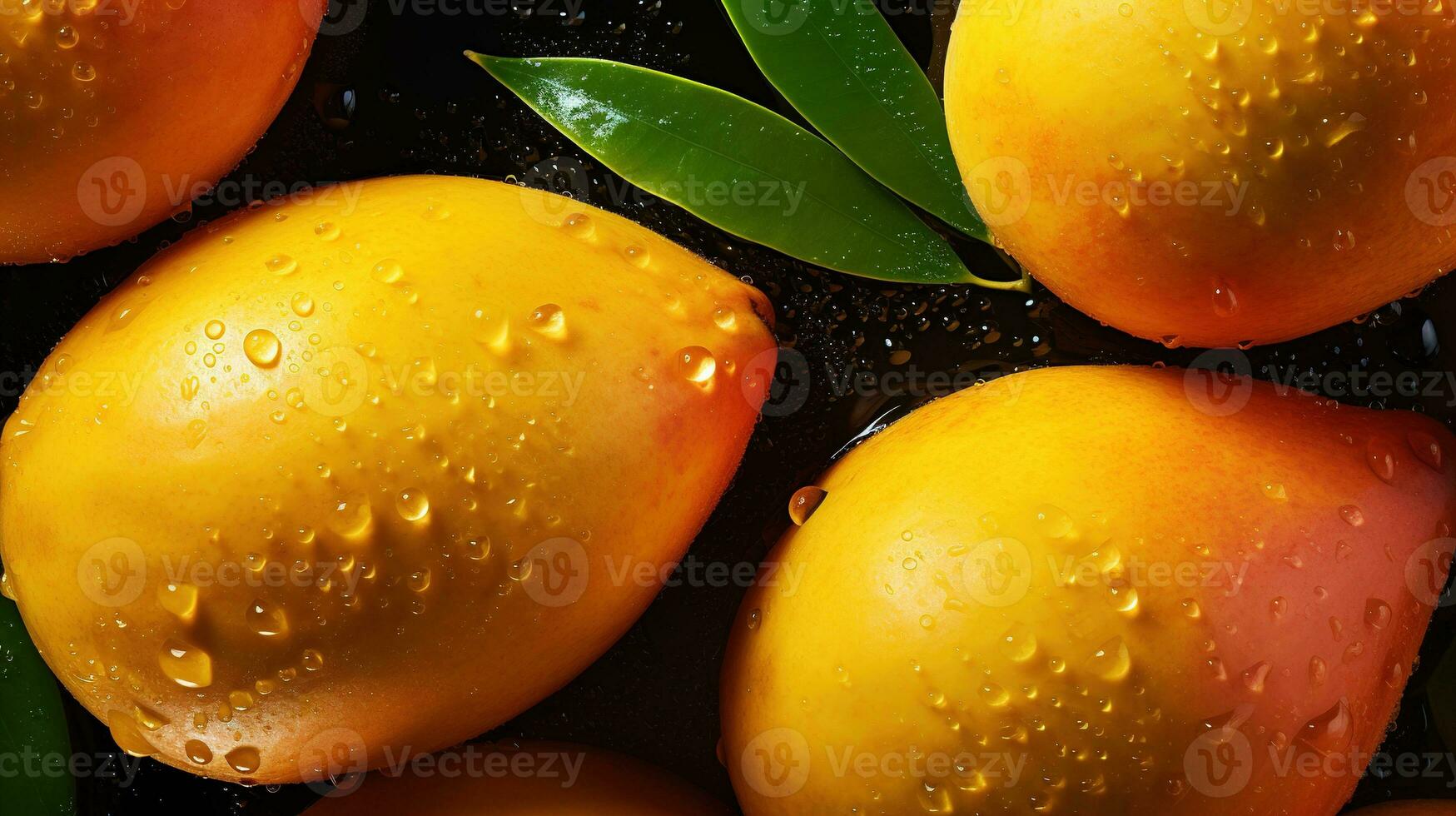 Generative AI, closeup fresh mango fruit background. Tropical exotic closeup photo with water drops.