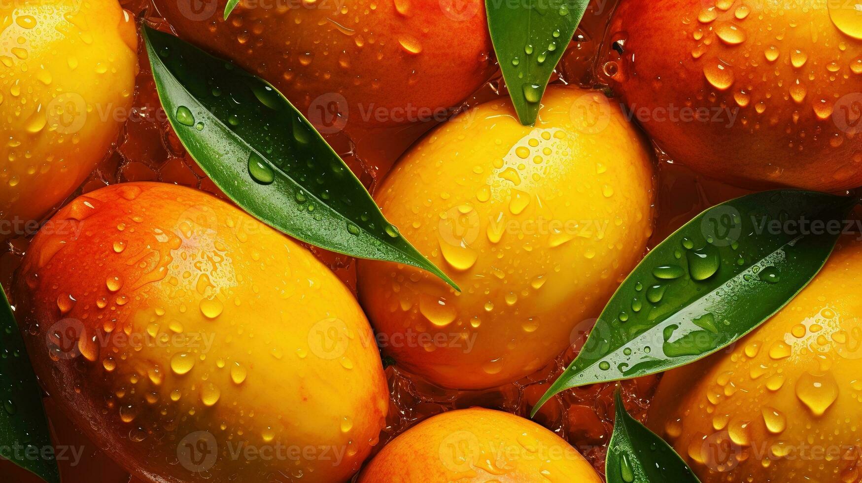 Generative AI, closeup fresh mango fruit background. Tropical exotic closeup photo with water drops.