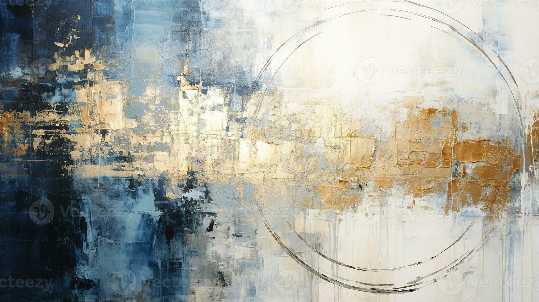 Generative AI, Blue, golden and ivory white colors, circle shapes vintage painting background. Grunge old oil impasto painted wall texture photo