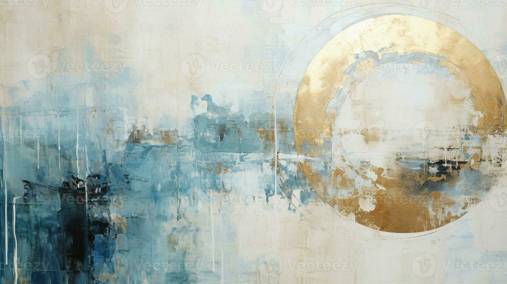 Generative AI, Blue, golden and ivory white colors, circle shapes vintage painting background. Grunge old oil impasto painted wall texture photo