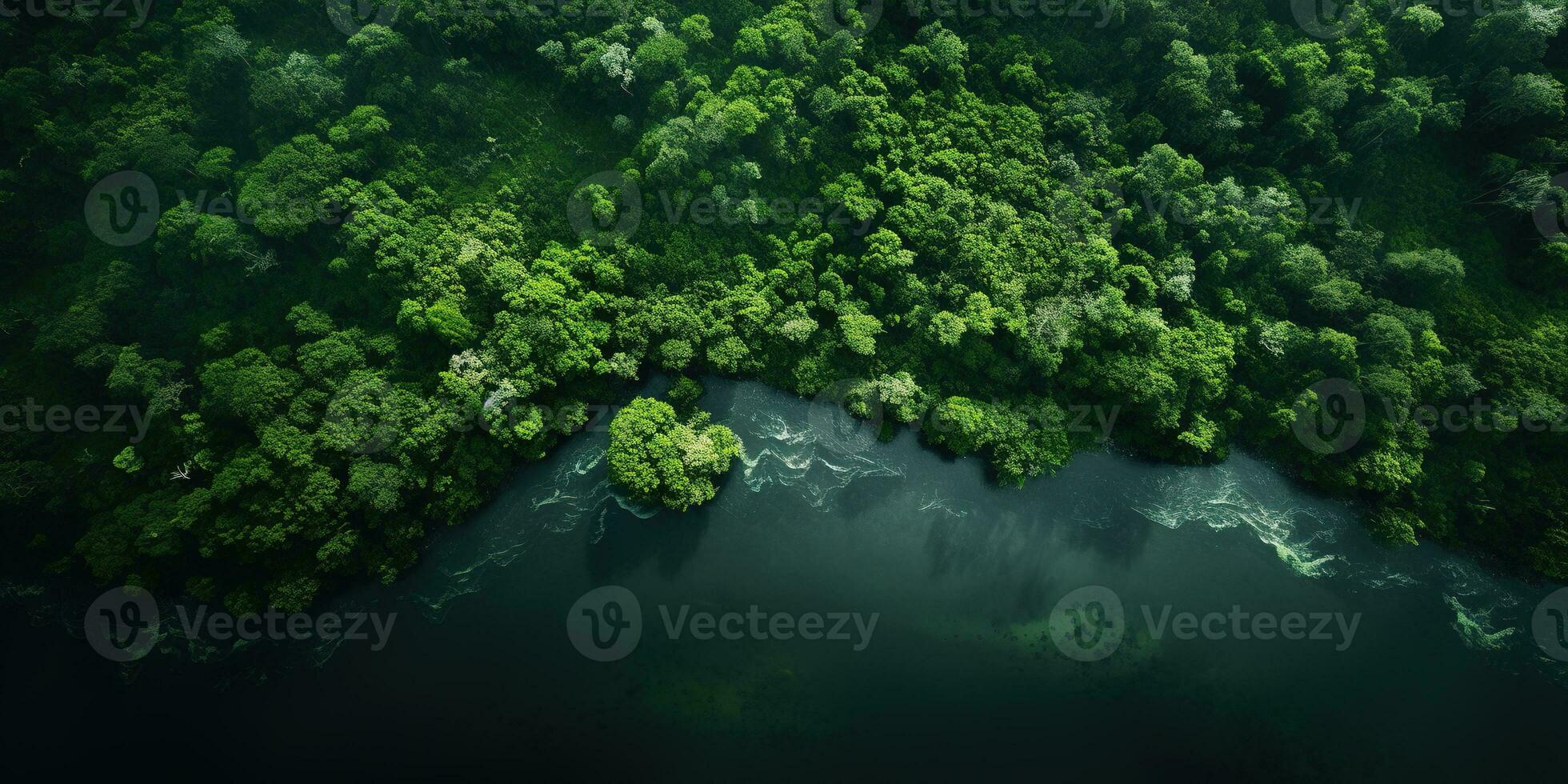 Generative AI, green beautiful amazonian jungle landscape with trees and river, drone view photo