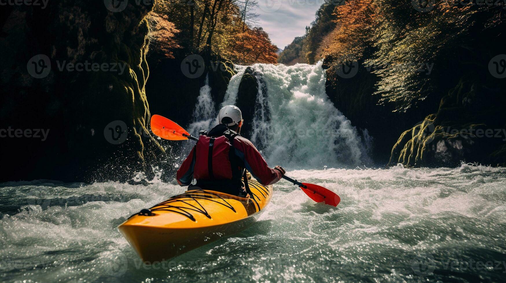 Generative AI, kayak raft river waterfall, extreme sport concept, whitewater kayaking photo