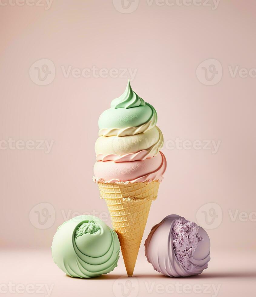 Ice cream in cone, pastel studio background. Generative AI photo