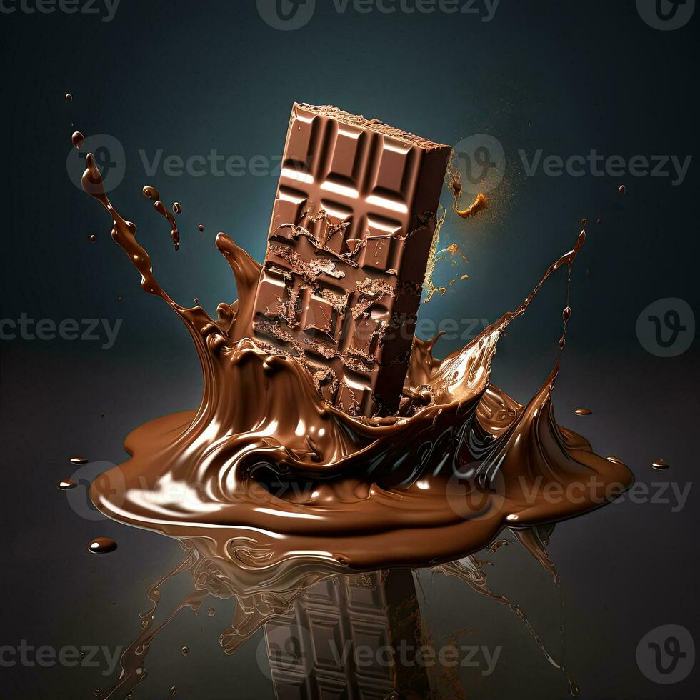 Chocolate bar splashing and melting, generative ai photo