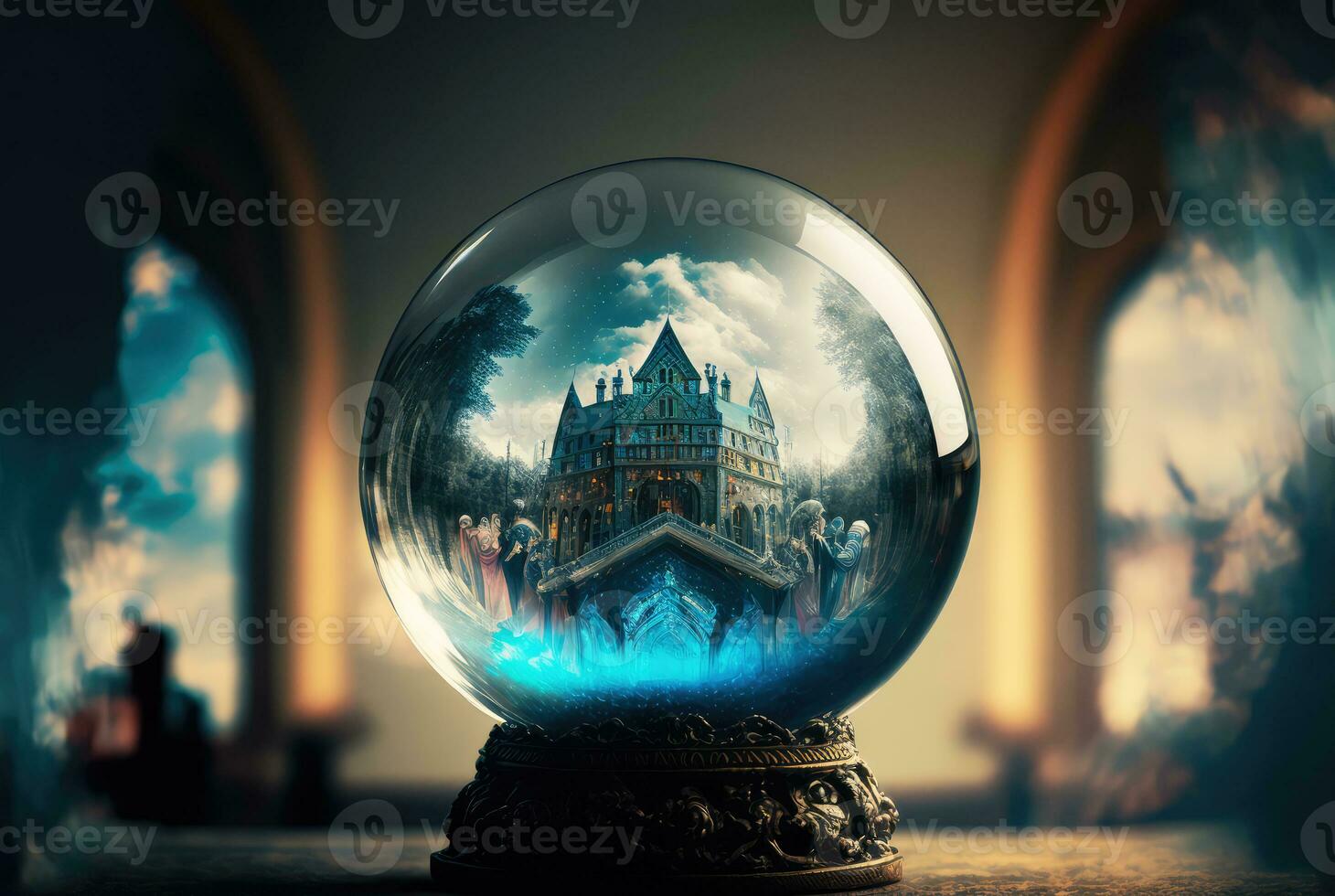 Crystal ball showing haunted paranormal scene. Generative AI photo