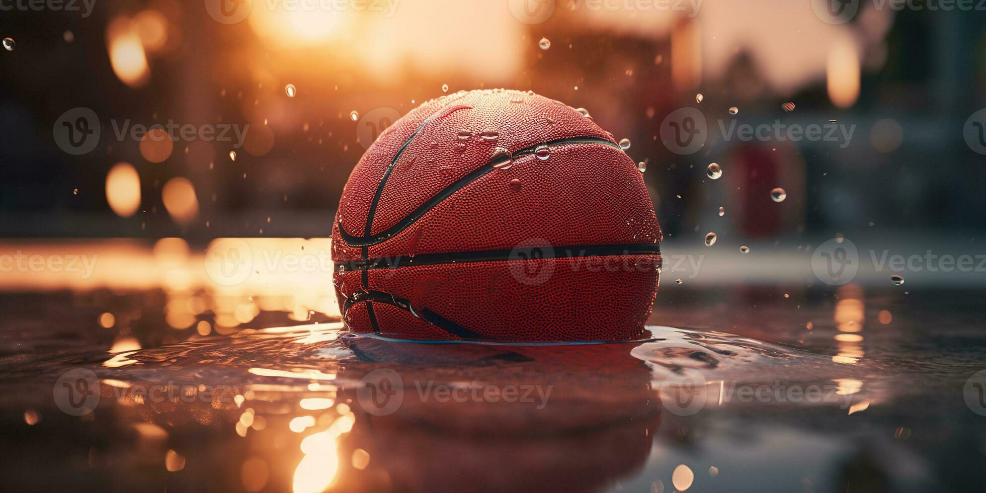 generativo ai, baloncesto pelota en el Corte con agua chapoteo y luz de sol, de cerca foto