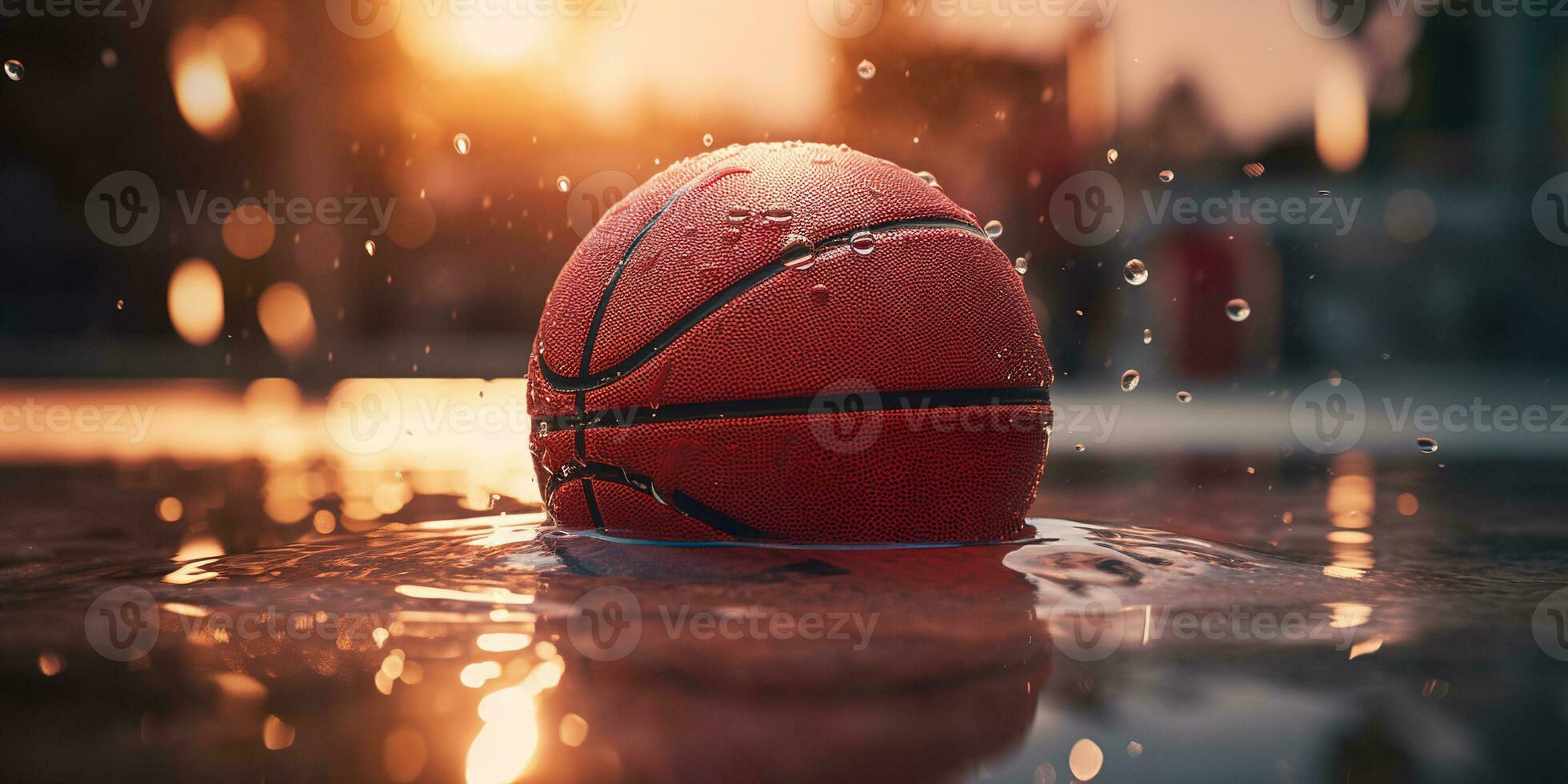 Generative AI, Basketball ball on the court with water splash and sunlight, closeup photo