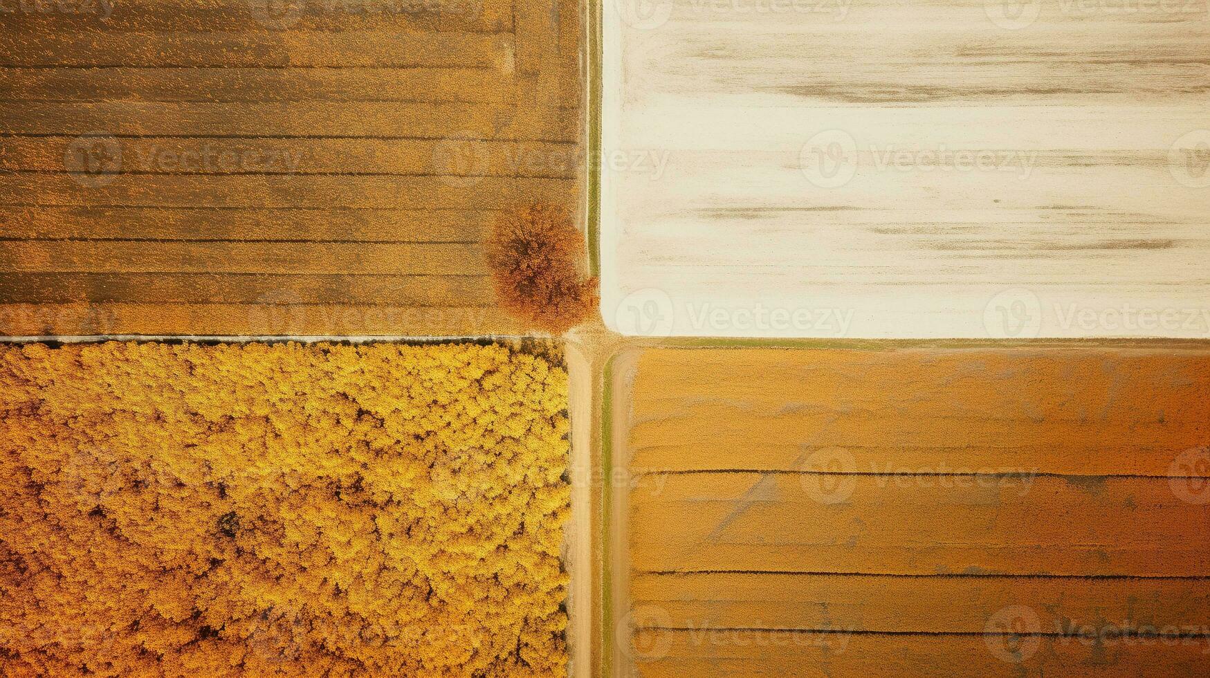 Generative AI, Farm autumn landscape, agricultural fields, beautiful green, yellow, orange and beige countryside, country road. Nature Illustration, photorealistic top view drone. photo