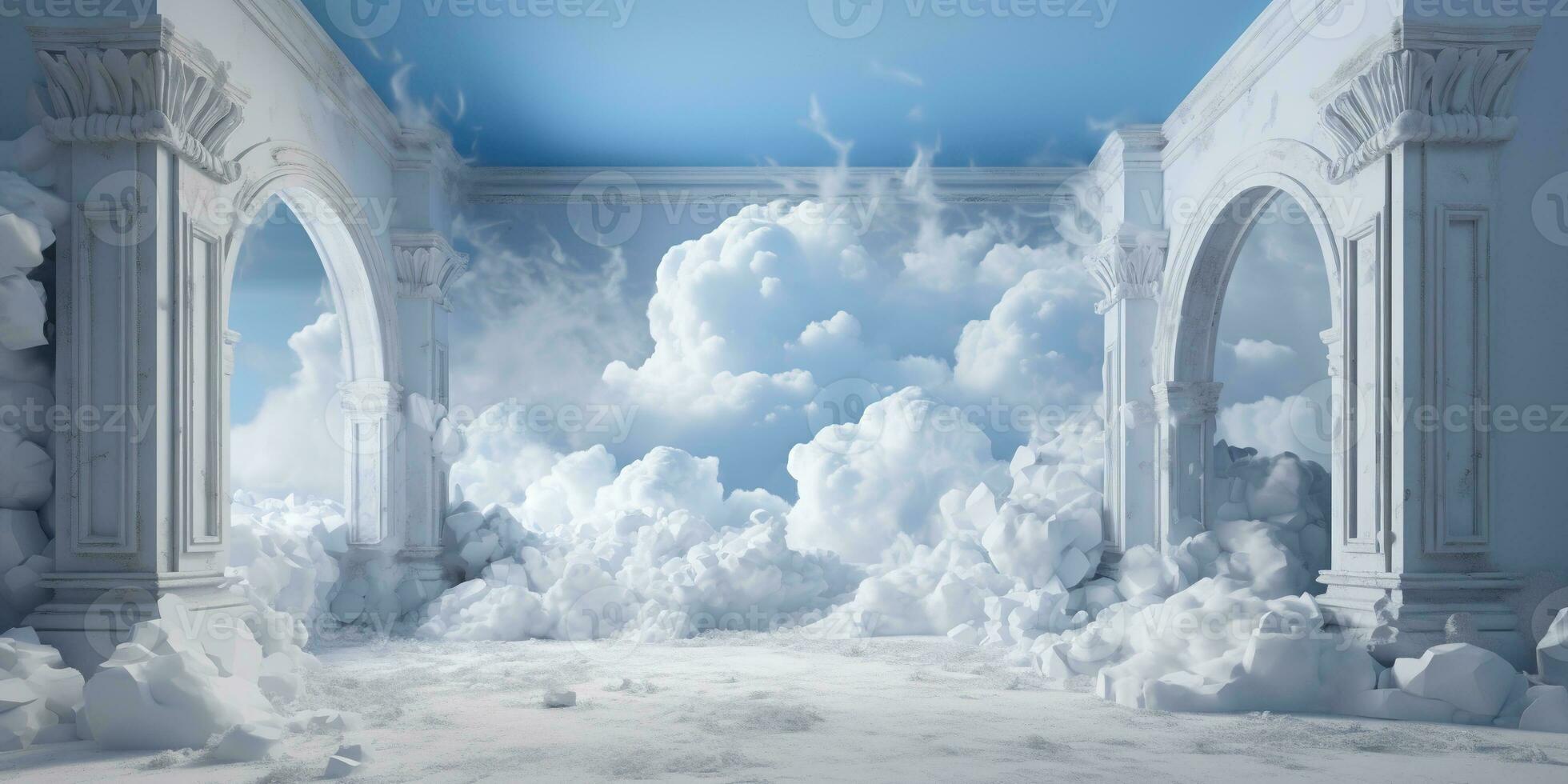 generativo ai, blanco azul fantástico 3d nubes en el habitación interior, cielo y paisaje. amable colores y con brillante luces.. foto