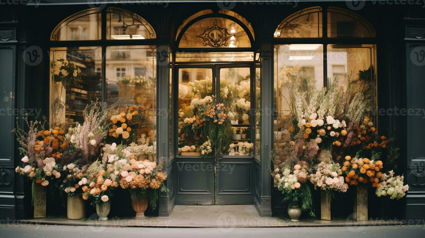 Generative AI, street floral shop with colorful flowers, aesthetic muted colors photo