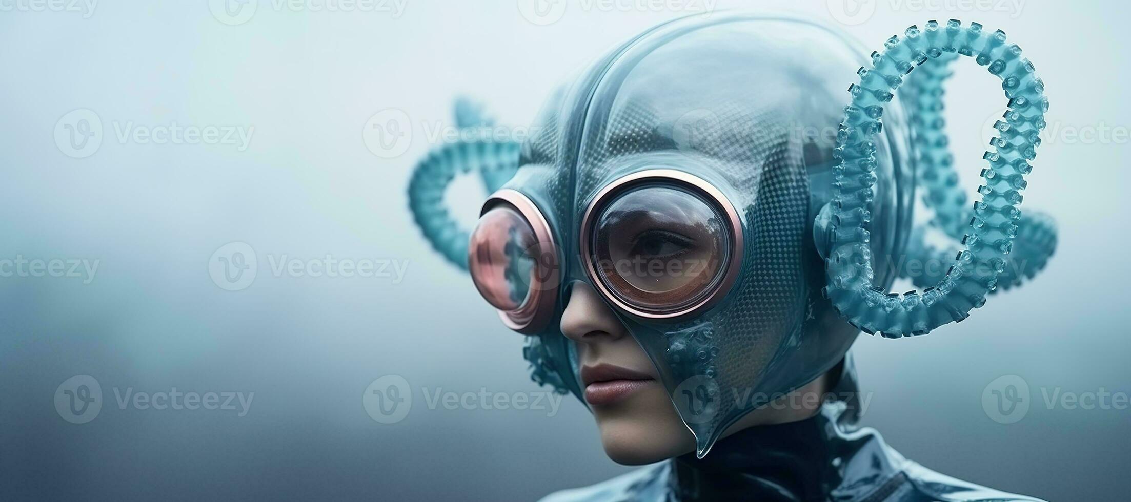 generativo ai, mujer en el plastico azul pulpo me gusta mascarilla, alto tecnología futurismo, minimalista belleza foto