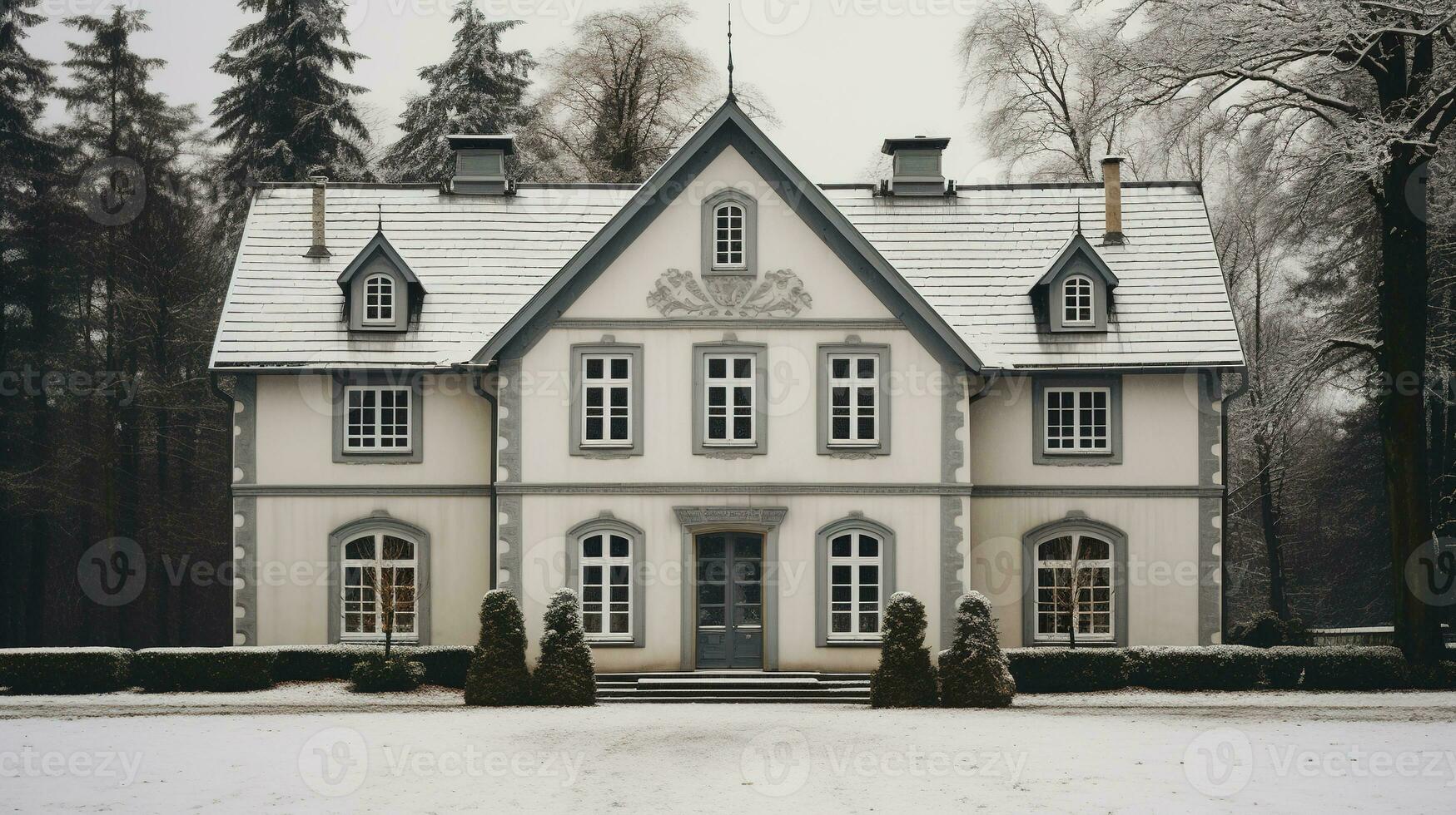 Generative AI, House front in the winter with Christmas decoration, wreath and garland. Snow cosy season photo