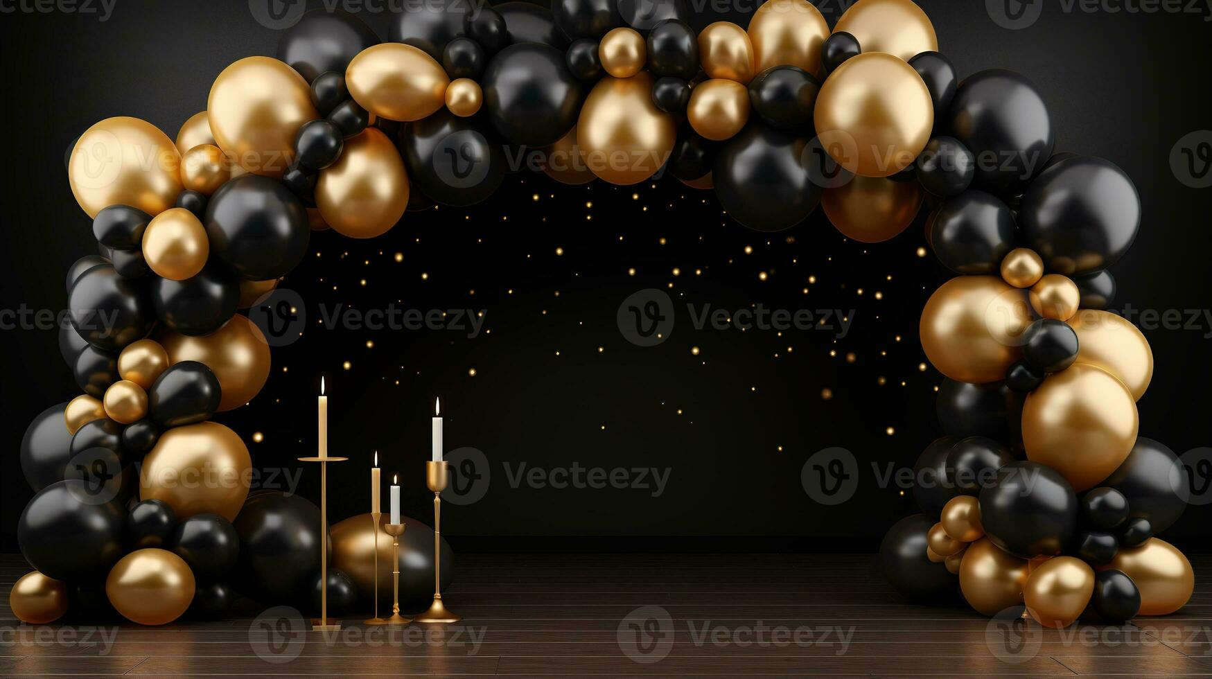 Generative AI, arch of black and golden balloons. Mock up for Black Friday or other holiday 3d background photo