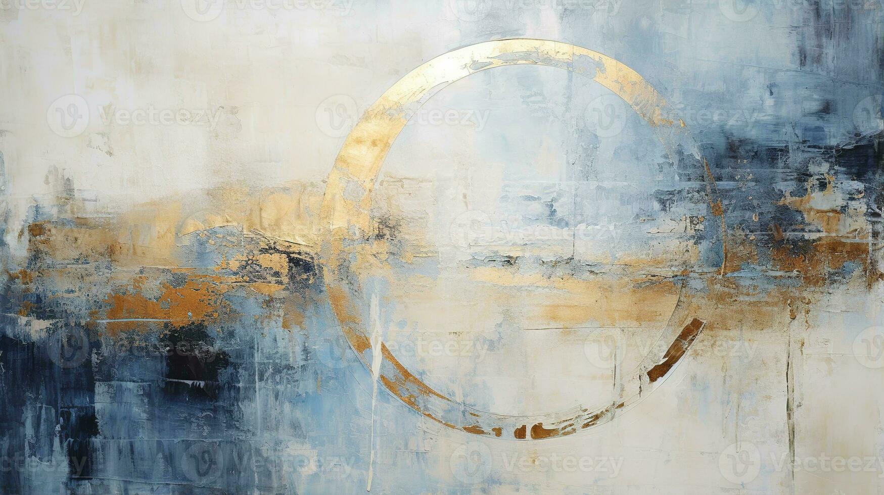 Generative AI, Blue, golden and ivory white colors, circle shapes vintage painting background. Grunge old oil impasto painted wall texture photo