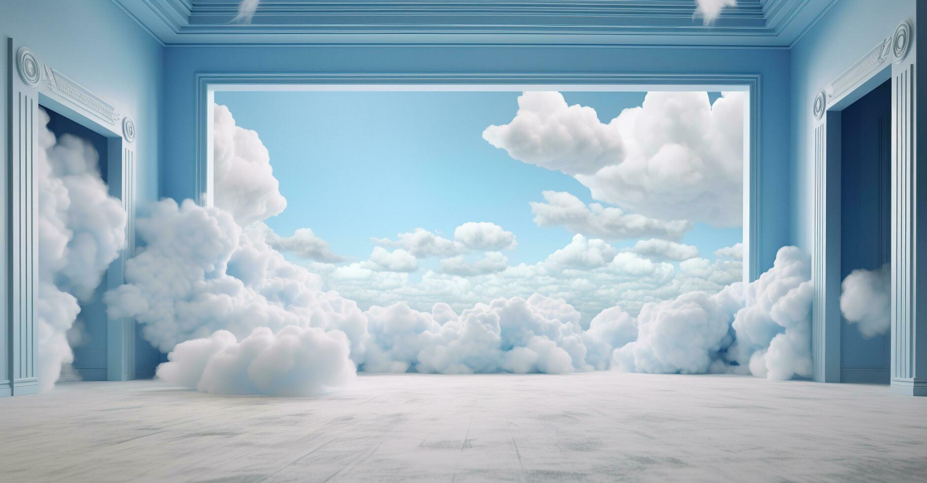 Generative AI, White blue fantastic 3d clouds in the room interior, sky and landscape. Gentle colors and with bright lights.. photo