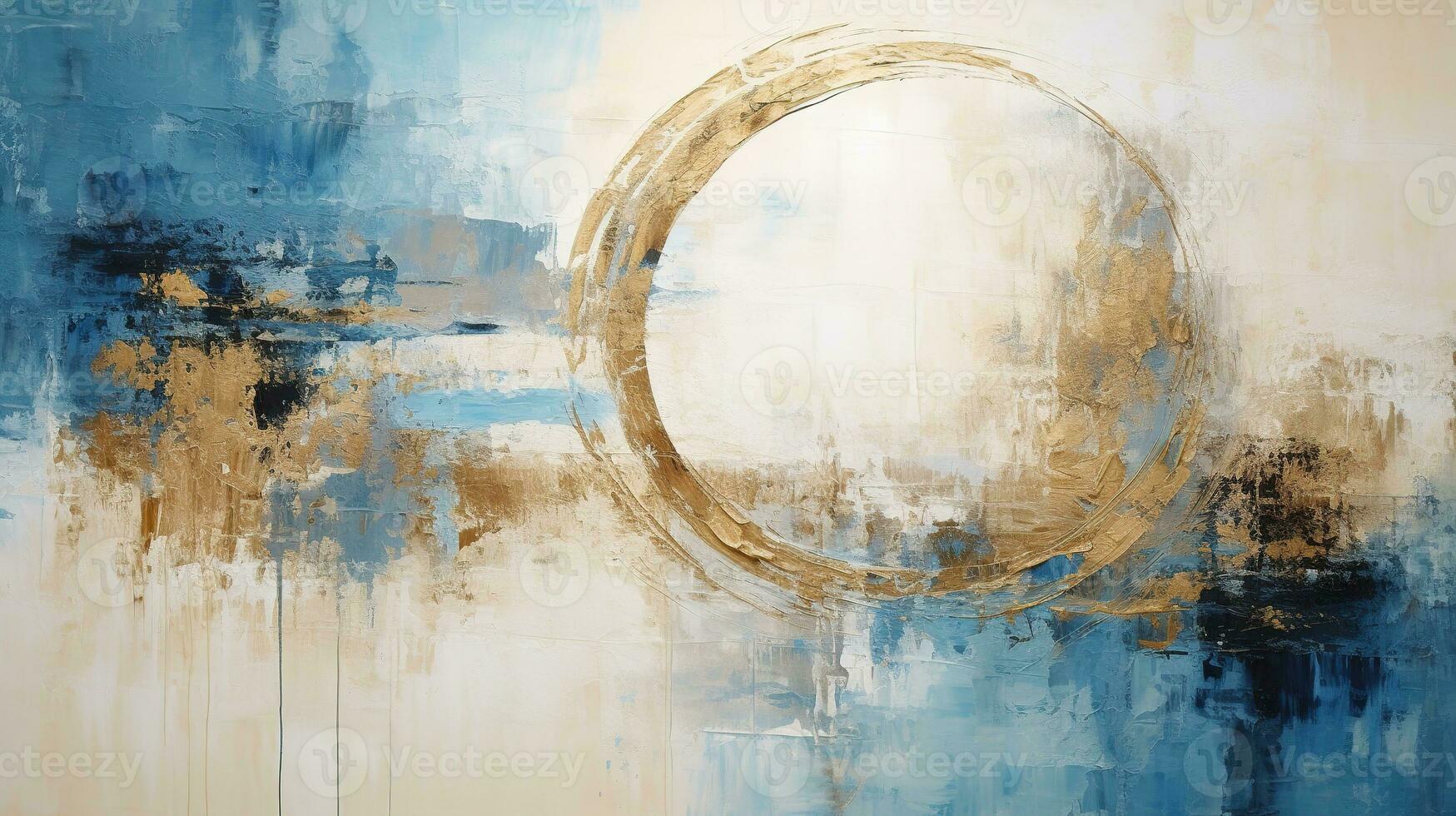 Generative AI, Blue, golden and ivory white colors, circle shapes vintage painting background. Grunge old oil impasto painted wall texture photo