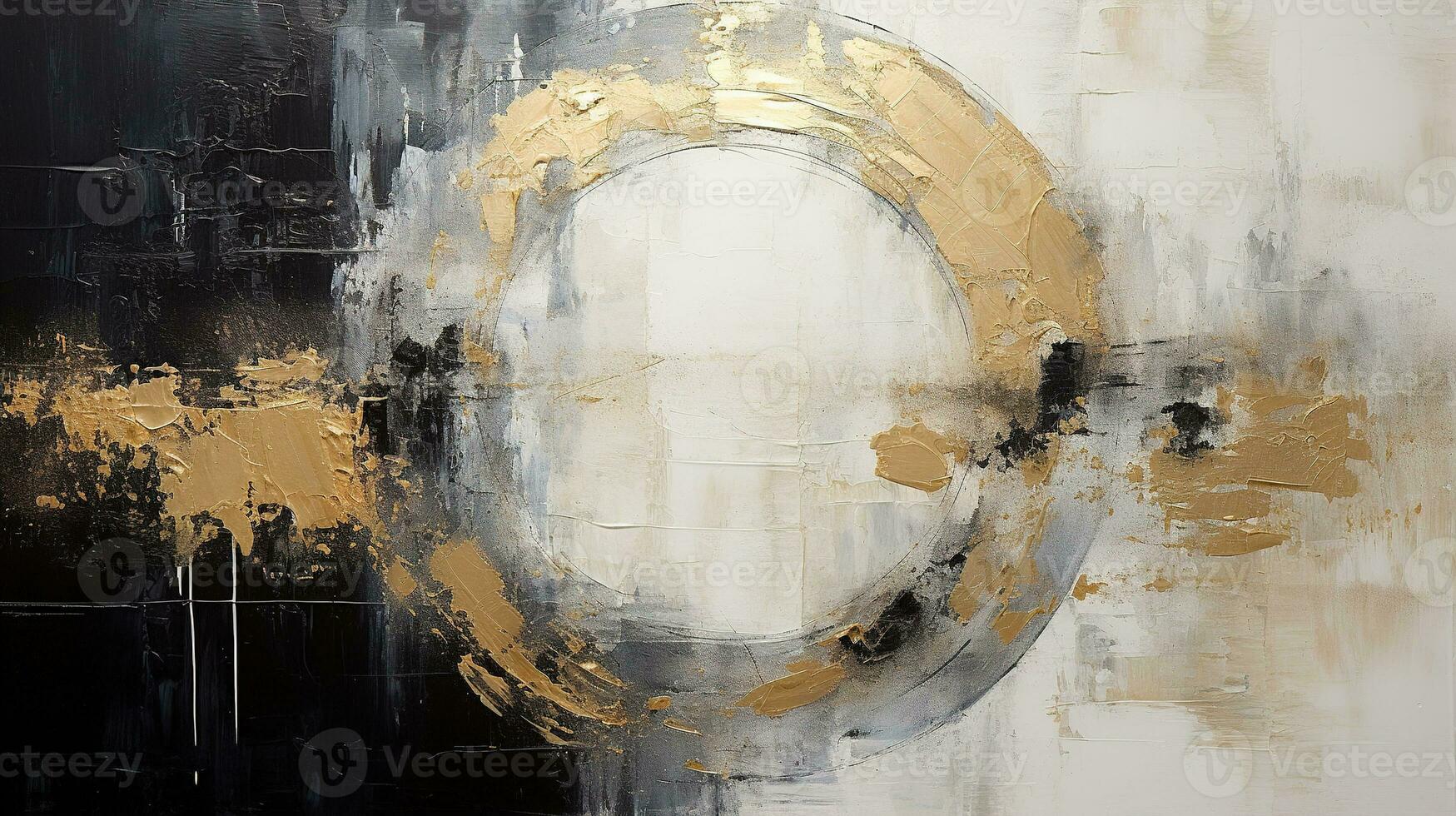 Generative AI, Black, golden and ivory white colors, circle shapes vintage painting background. Grunge old oil impasto painted wall texture photo