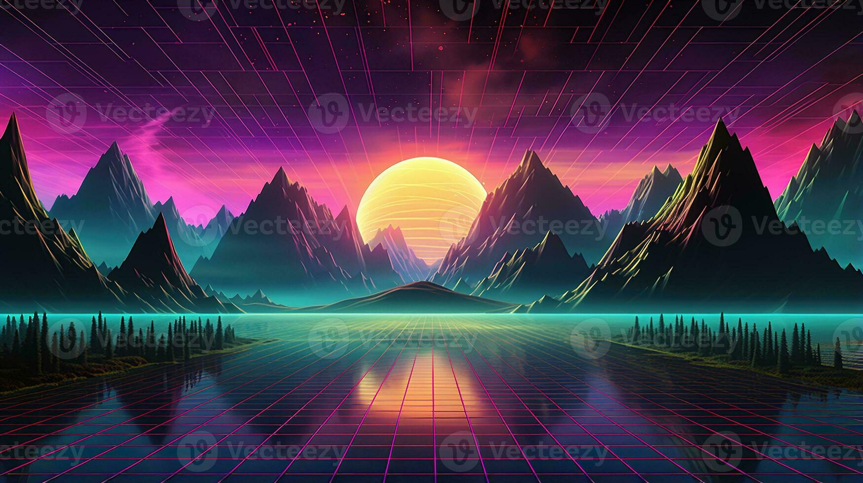 Generative AI, 80s retro futuristic sci-fi., nostalgic 90s. Night and sunset neon colors, cyberpunk vintage illustration. Sun, mountains and palms. Retrowave VJ videogame landscape.. photo