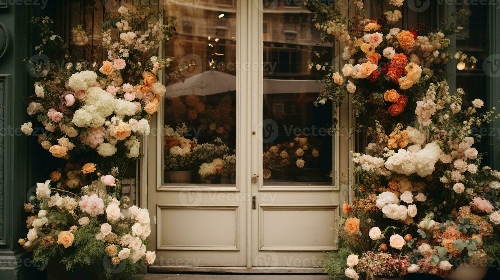 Generative AI, street floral shop with colorful flowers, aesthetic muted colors photo