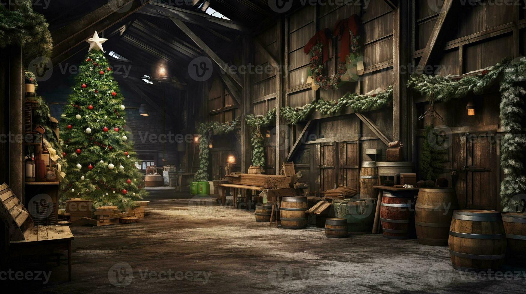 Generative AI, Christmas interior rural background, Santa Claus rustic workshop photo