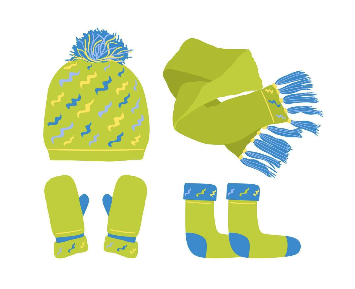 Set of winter accessories knitted hat scarf mittens socks light green. Stock vector flat illustration isolated on white