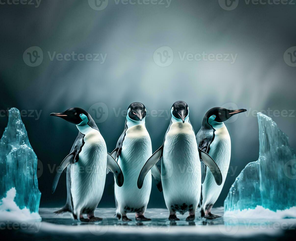 Penguin group on melting iceberg, global warming. Generative AI photo