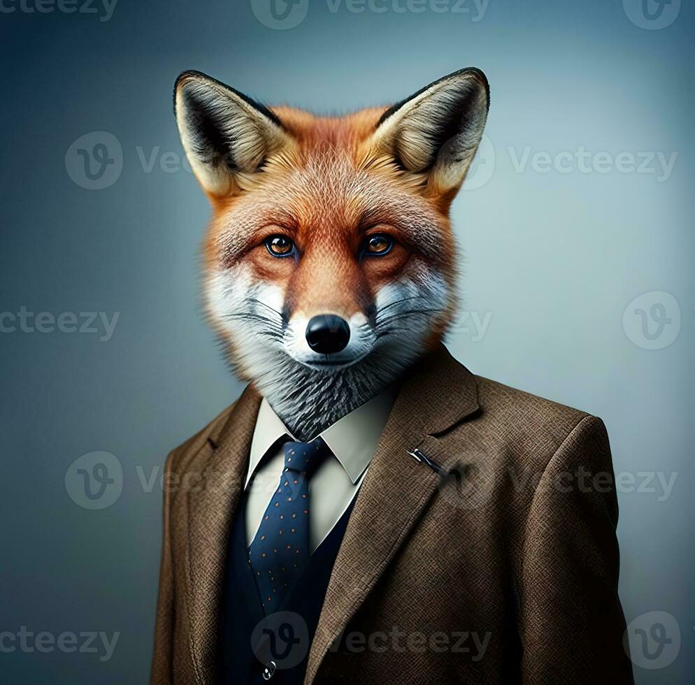 Fox in vintage business suit portrait. Generative AI photo