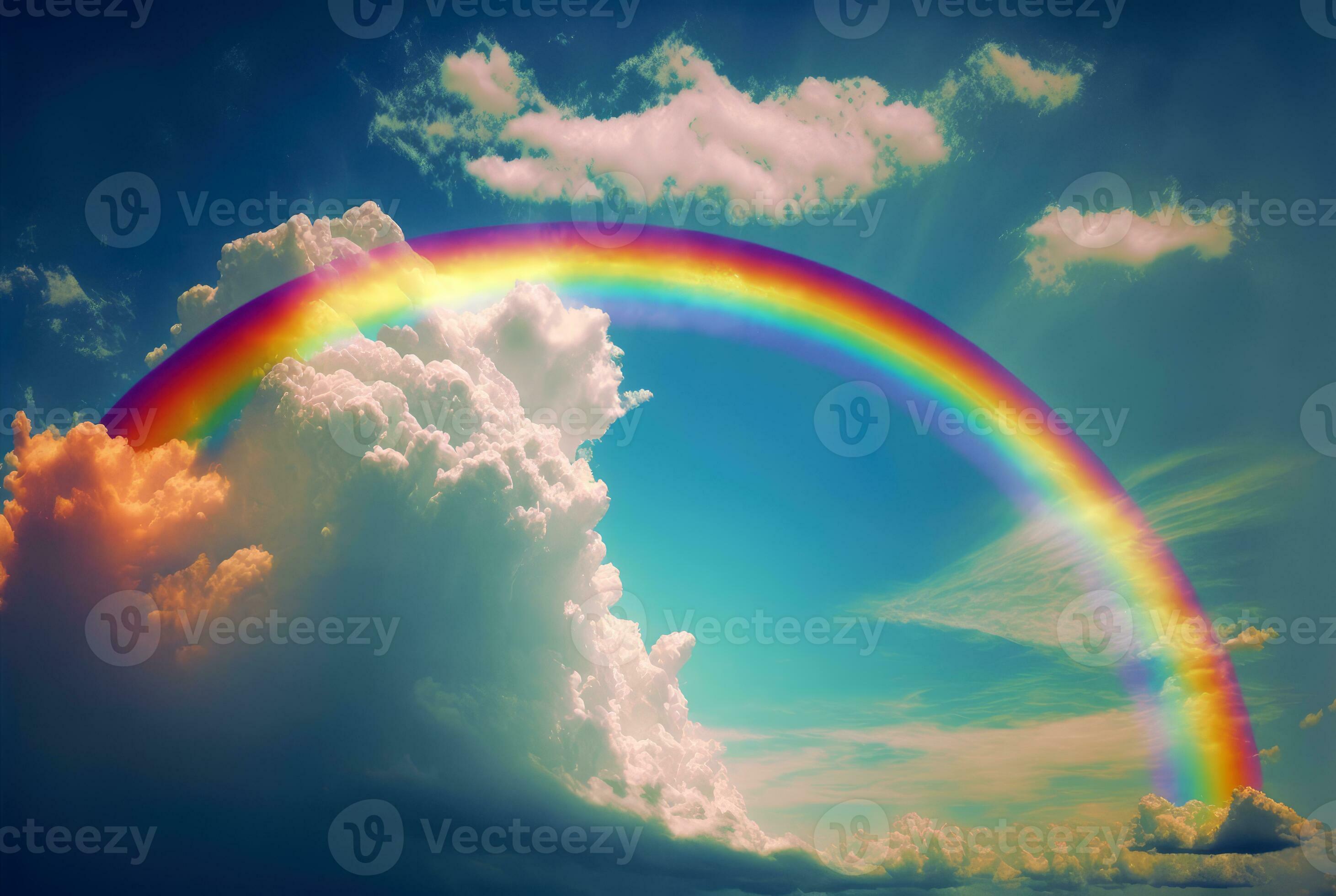 Rainbow above clouds in blue sky. Wide angle. Generative AI 32426613