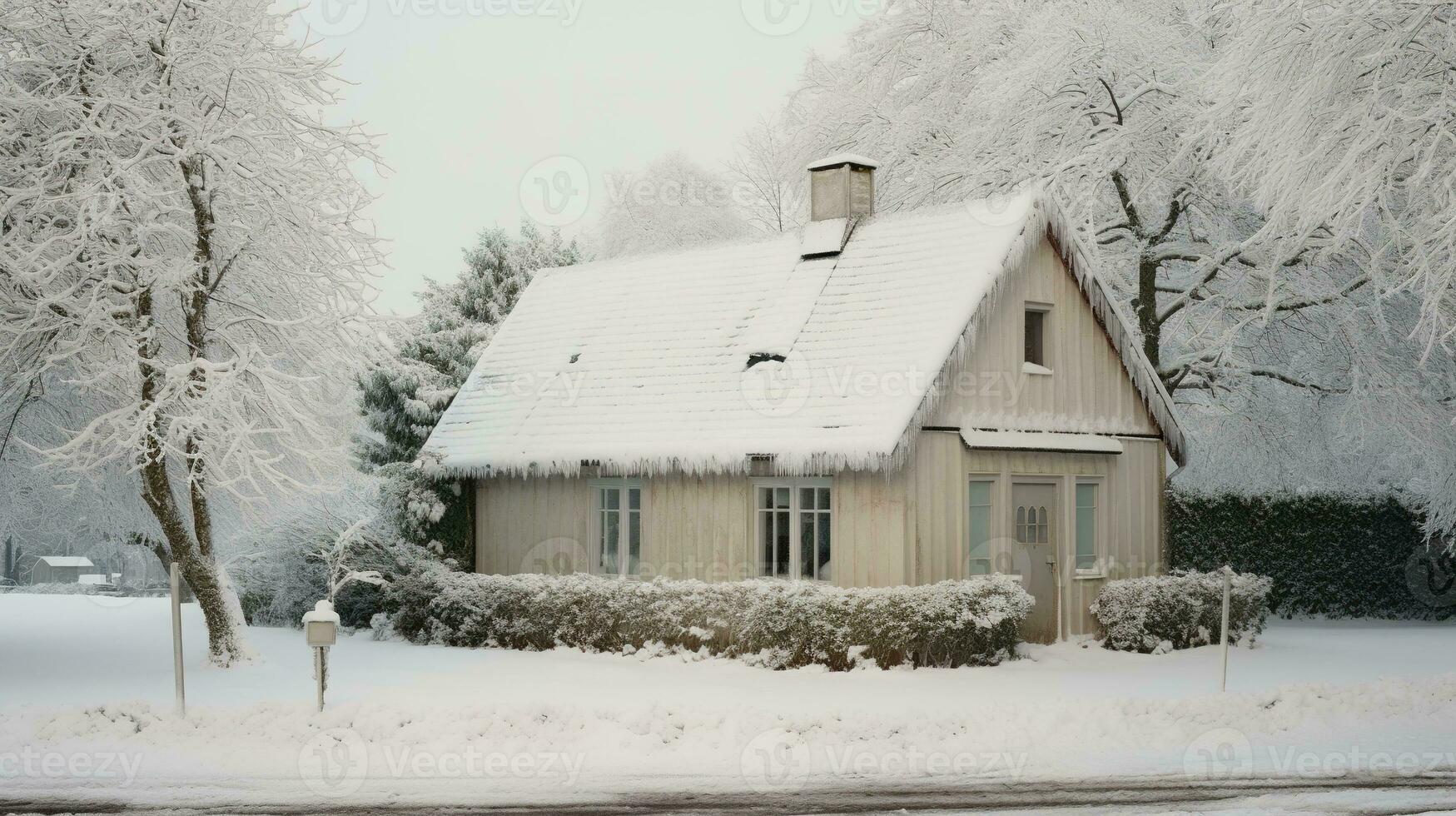 Generative AI, House front in the winter with Christmas decoration, wreath and garland. Snow cosy season photo