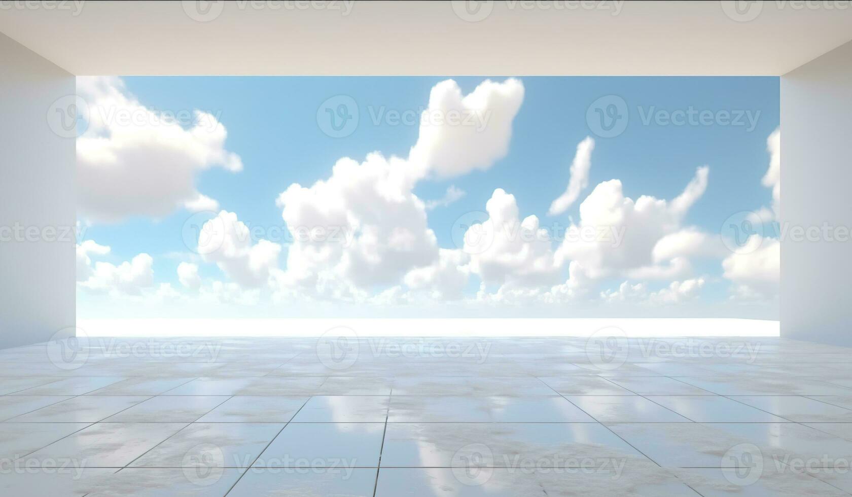 Generative AI, White blue fantastic 3d clouds in the room interior, sky and landscape. Gentle colors and with bright lights.. photo