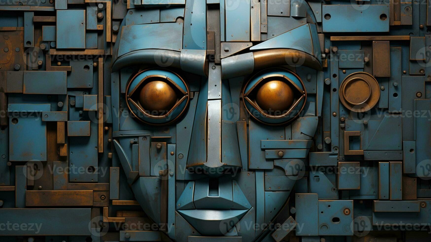 Generative AI, Abstract robotic face on rusty vintage metal background, geometric shapes photo