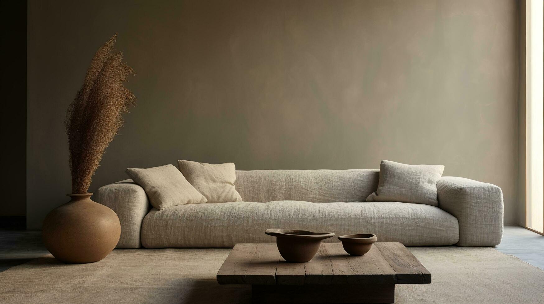 Generative AI, White cozy soft sofa. Interior design of living room, warm minimalism, wabi sabi style photo