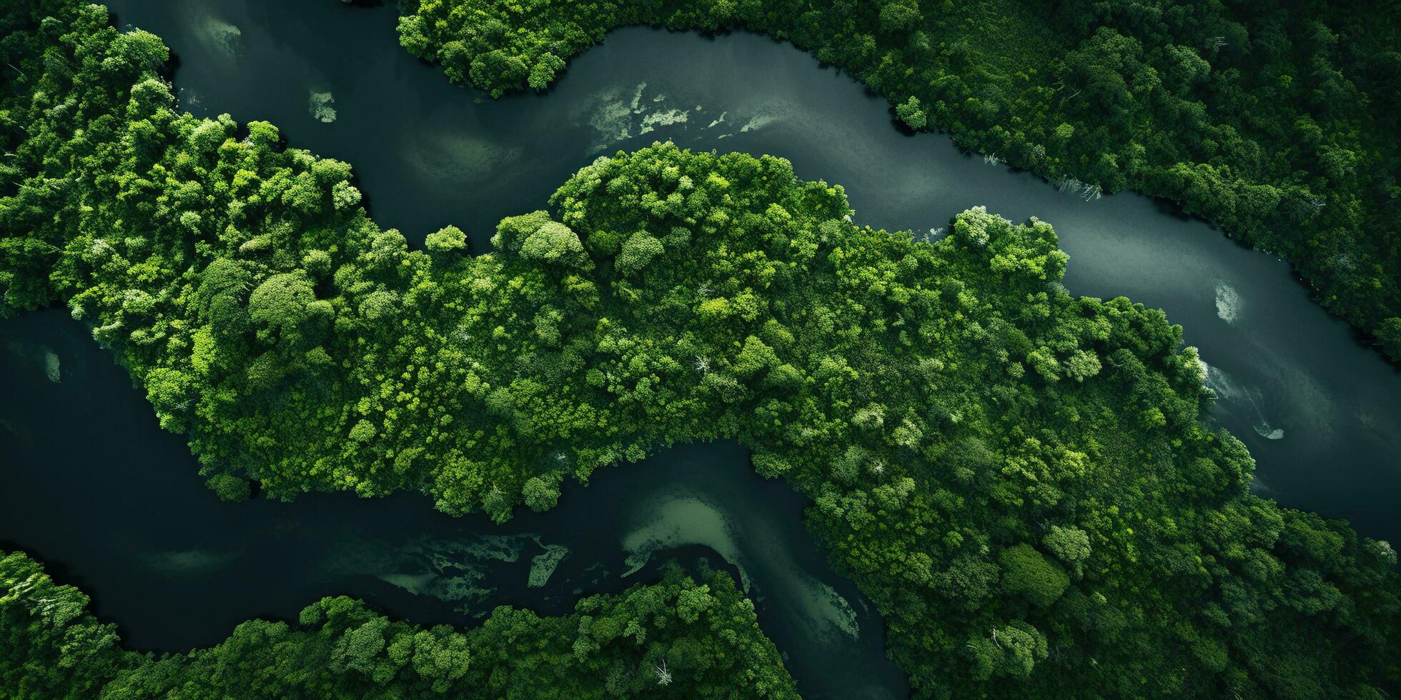 Generative AI, green beautiful amazonian jungle landscape with trees and river, drone view photo