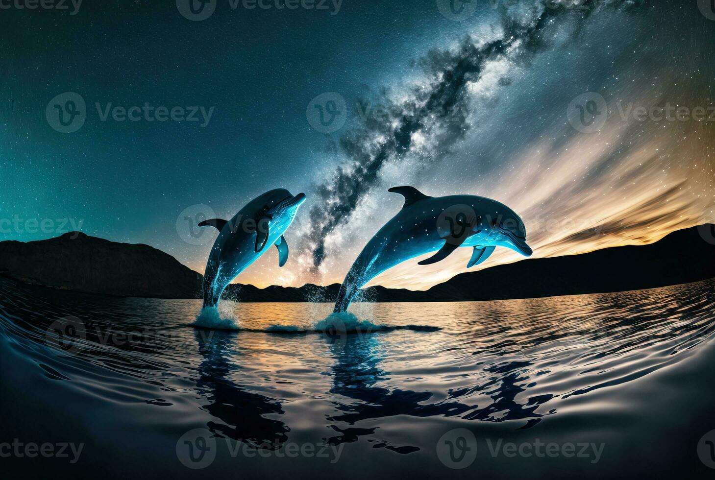 Dolphin couple jumping in ocean at night. Generative AI photo