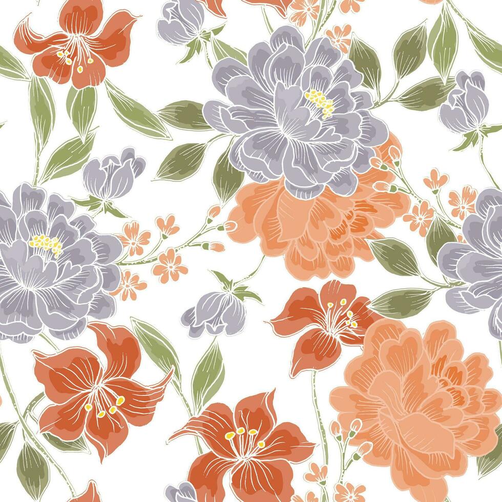 Vintage Hand Drawn Rose and Lily Flower Seamless Pattern vector