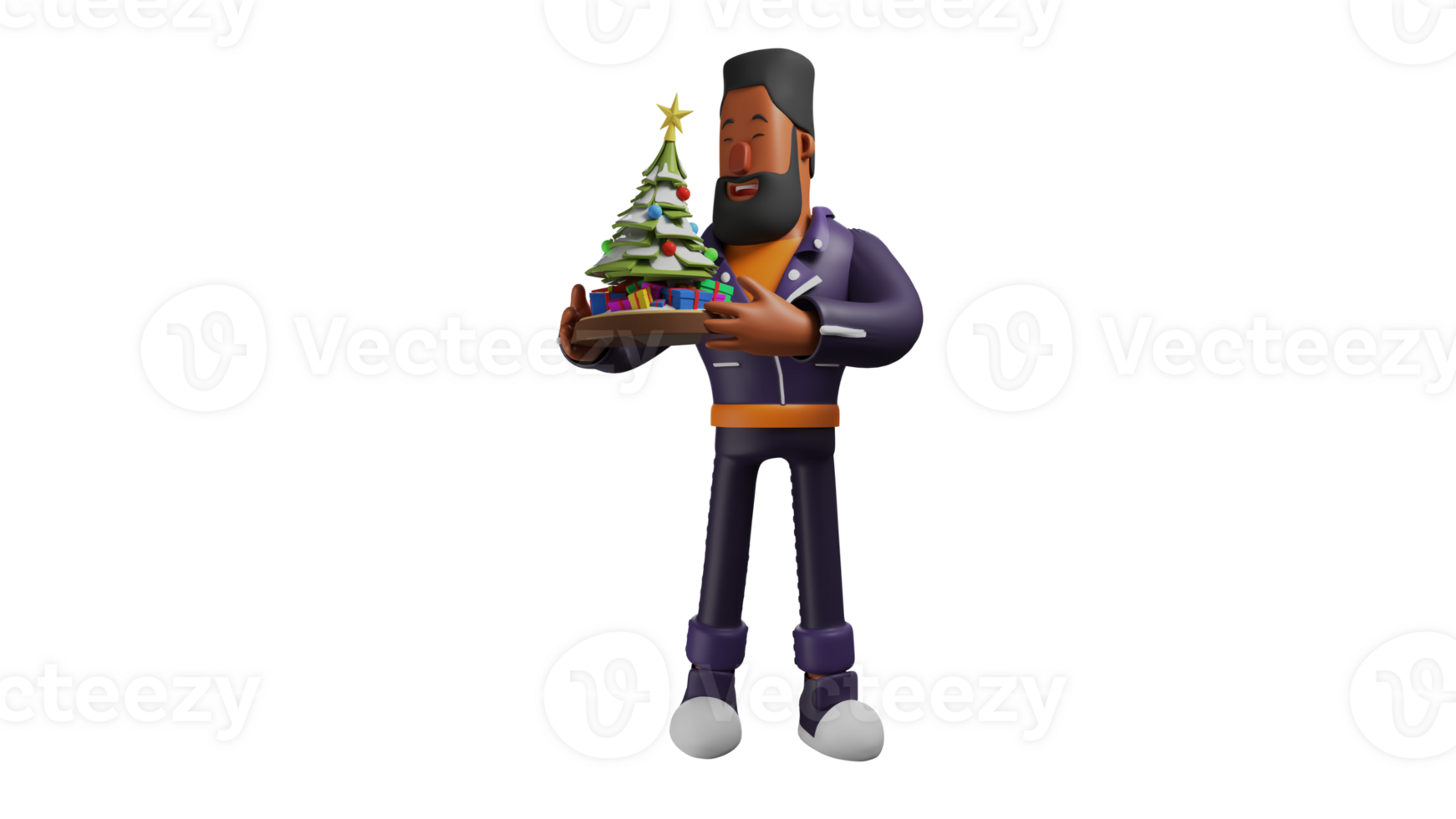 3D Illustration. Bearded 3D cartoon character. A bearded man carrying a miniature Christmas tree. A cool man who is happy to celebrate Christmas with his friends. 3D cartoon character png