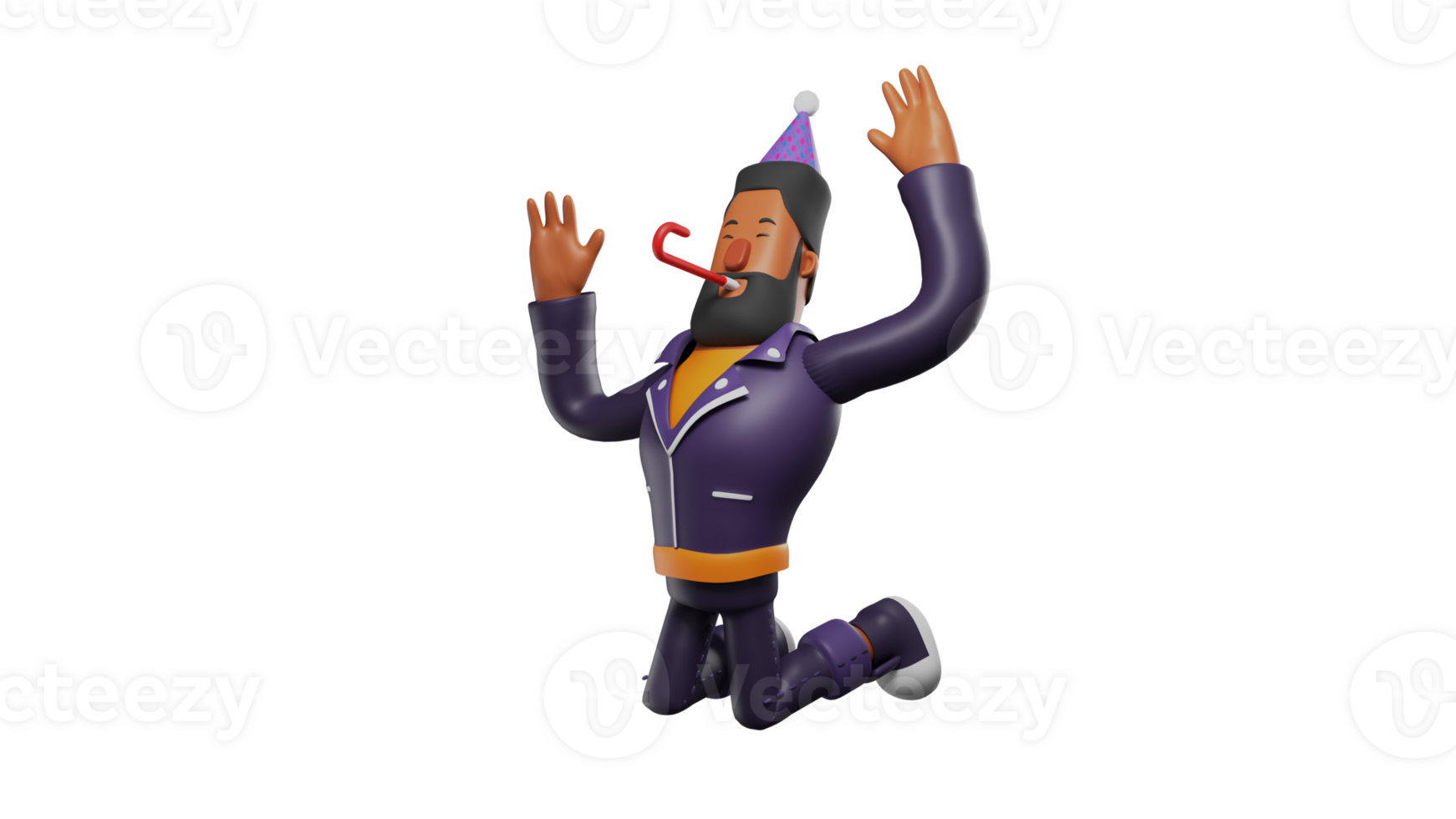 3D Illustration. Bearded Men 3D cartoon character. A bearded man with a pose knelt while blowing something. A bearded man really enjoyed the party he had visited. 3D cartoon character png