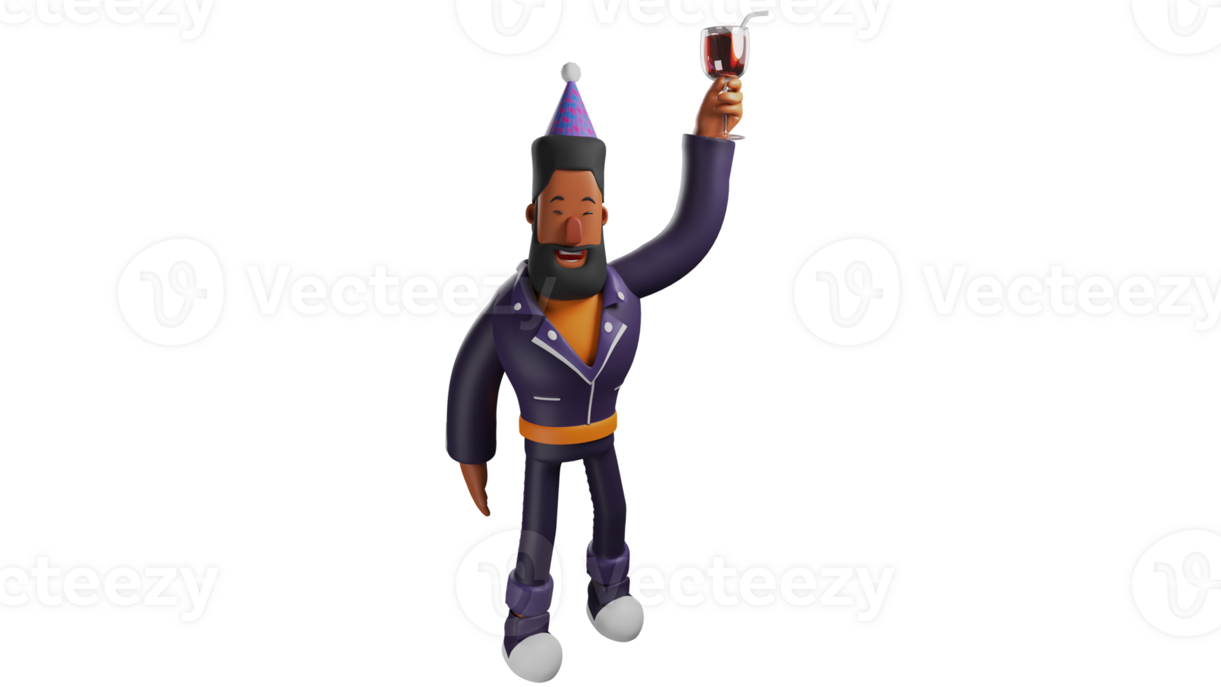 3D Illustration. Handsome Men 3D Cartoon Character. The man who came to his friend's birthday party. Funny Men when wearing a birthday hat. Bearded men carrying a glass of wine. 3D cartoon character png
