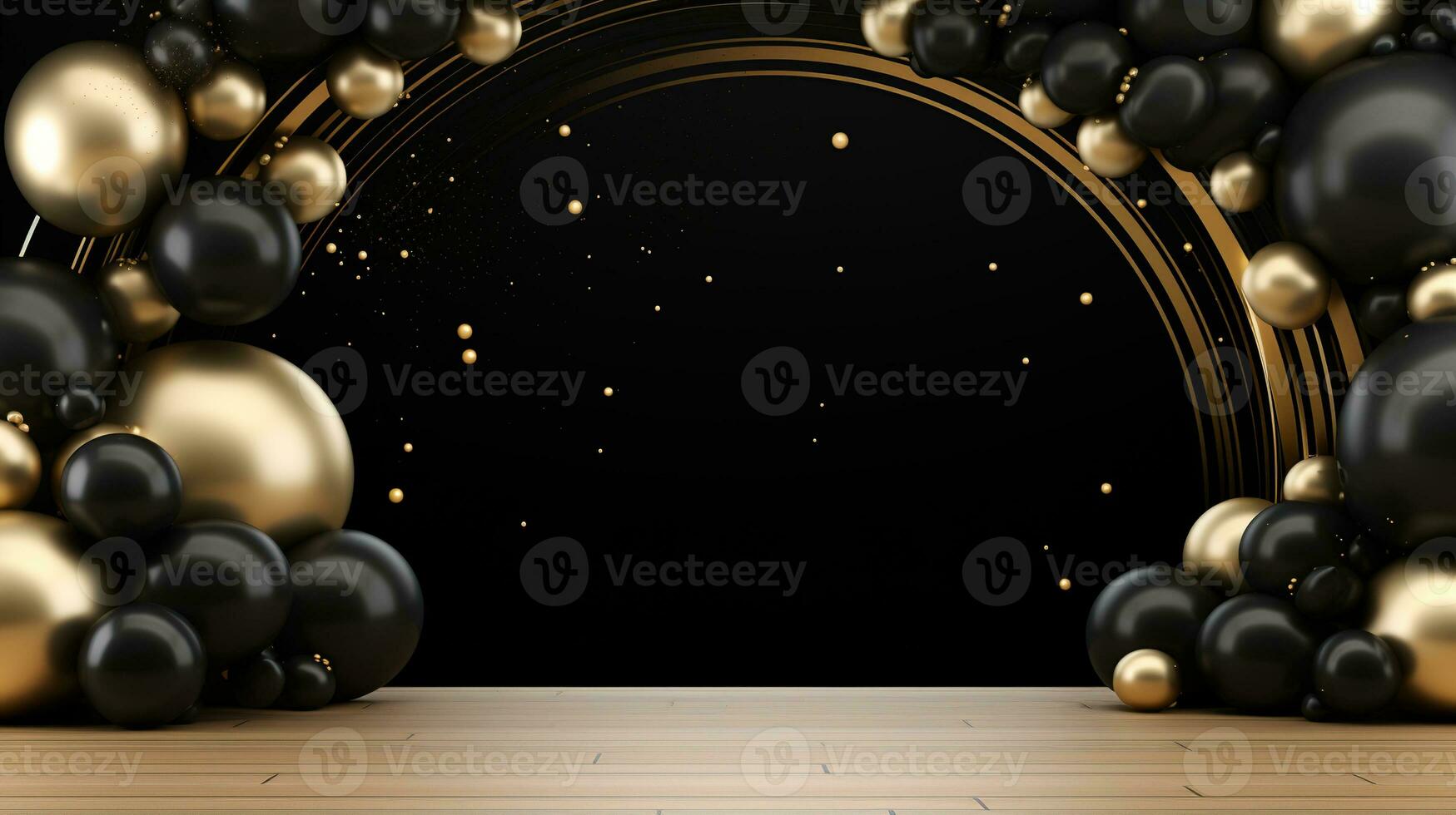 Generative AI, arch of black and golden balloons. Mock up for Black Friday or other holiday 3d background photo