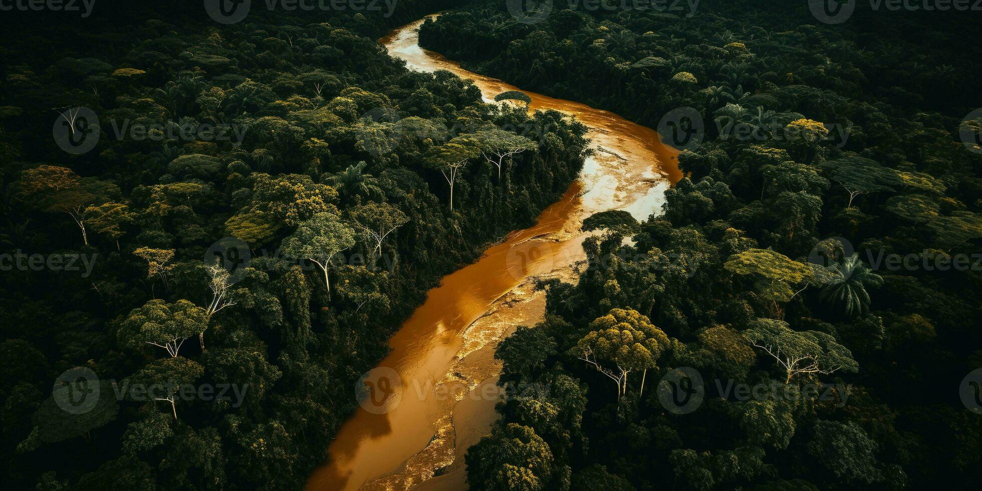 Generative AI, green beautiful amazonian jungle landscape with trees and river, drone view photo