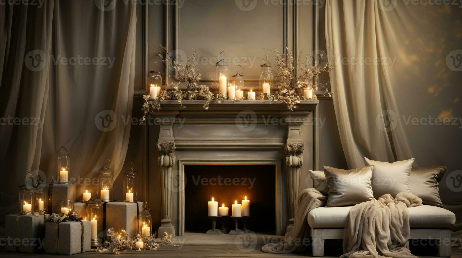 Generative AI, Luxury beige interior with Christmas golden and white decoration photo