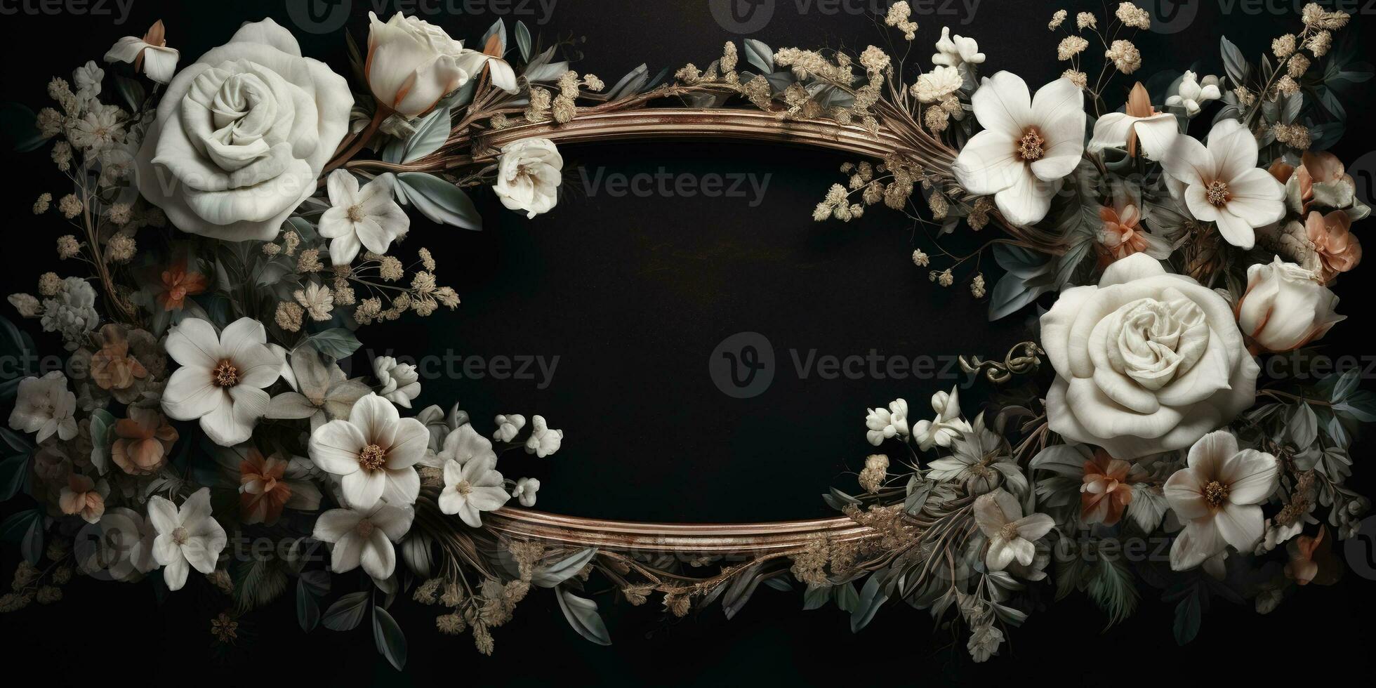 Generative AI, vintage frame with white flowers, futuristic victorian, black background photo