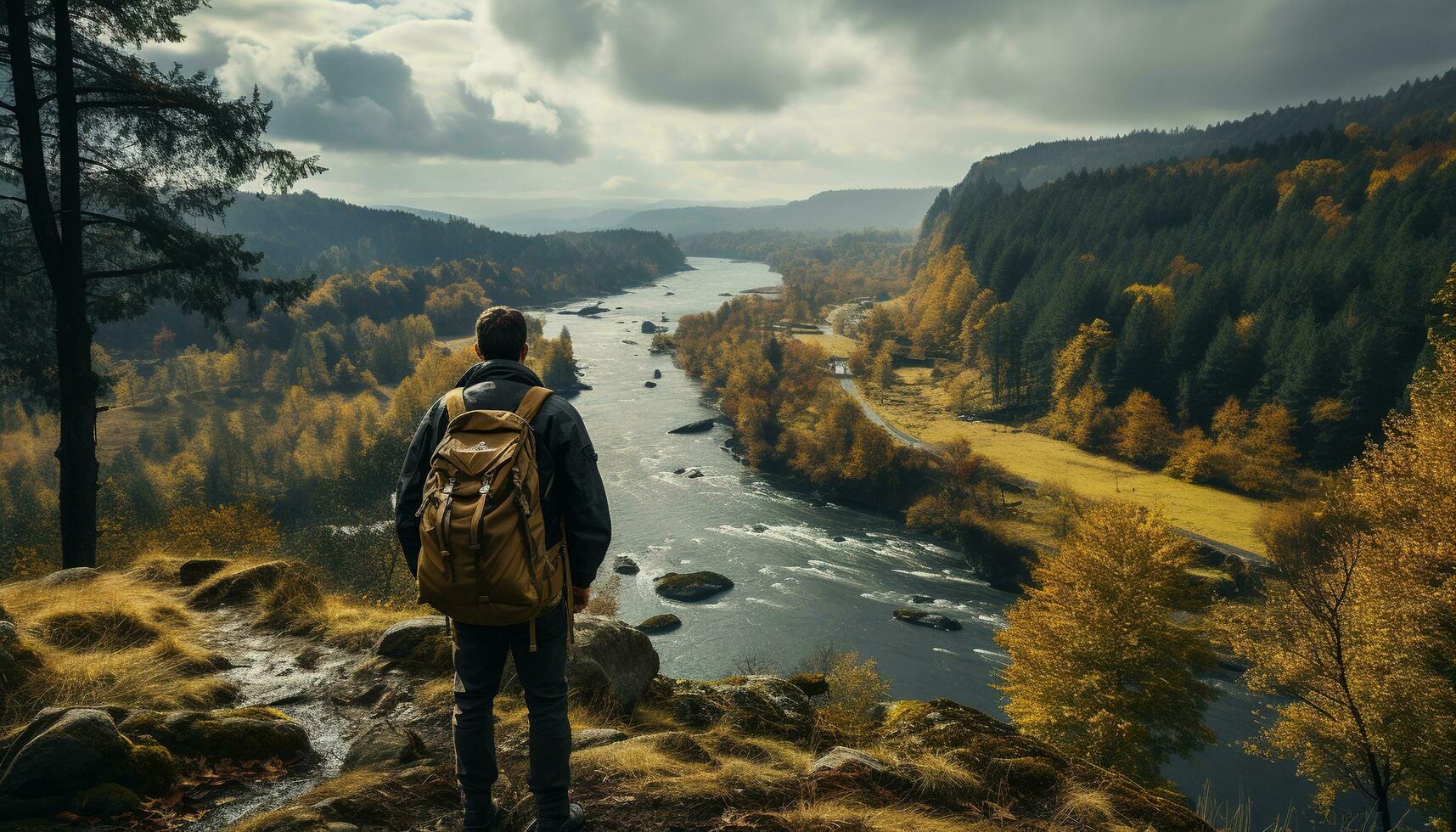 Generative AI, backpacker in autumn landscape, traveler man tourist with backpack hiking in mountains photo