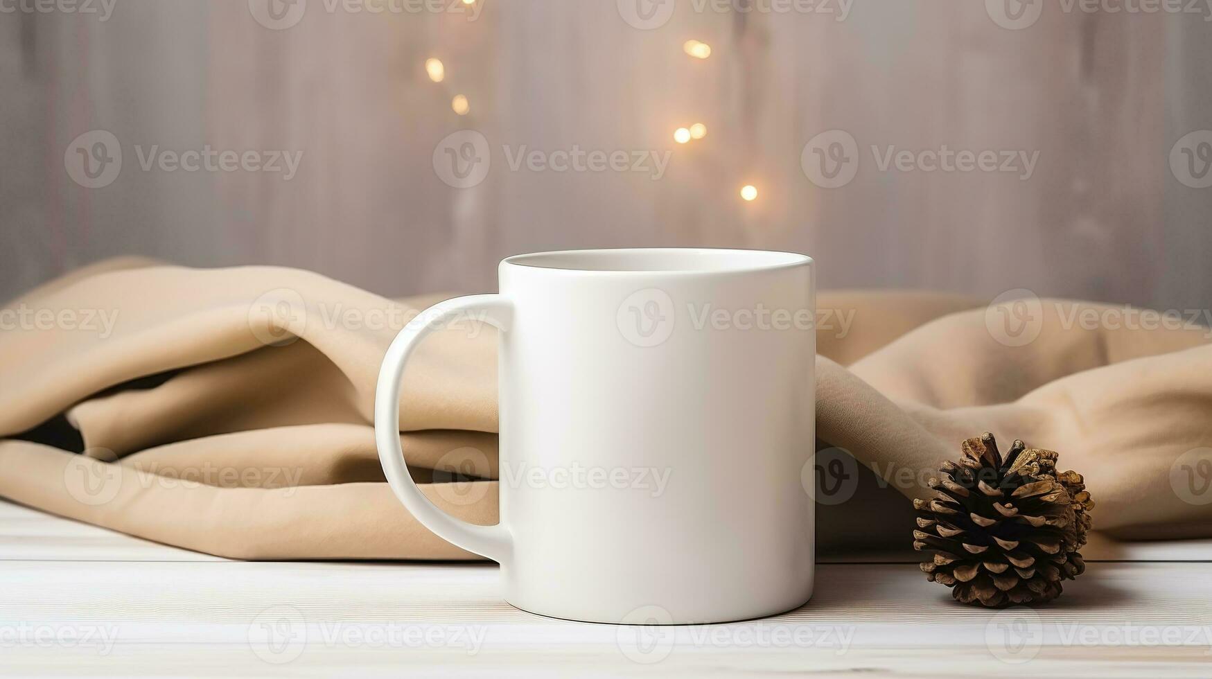 Generative AI, White ceramic cup set-up in at home interior, mug mock up blank, muted neutral colors. photo