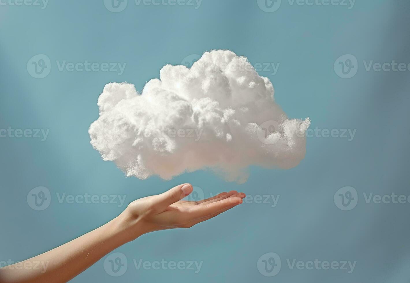 Generative AI, hand holding cloud, sky background. The development of the imagination concept photo