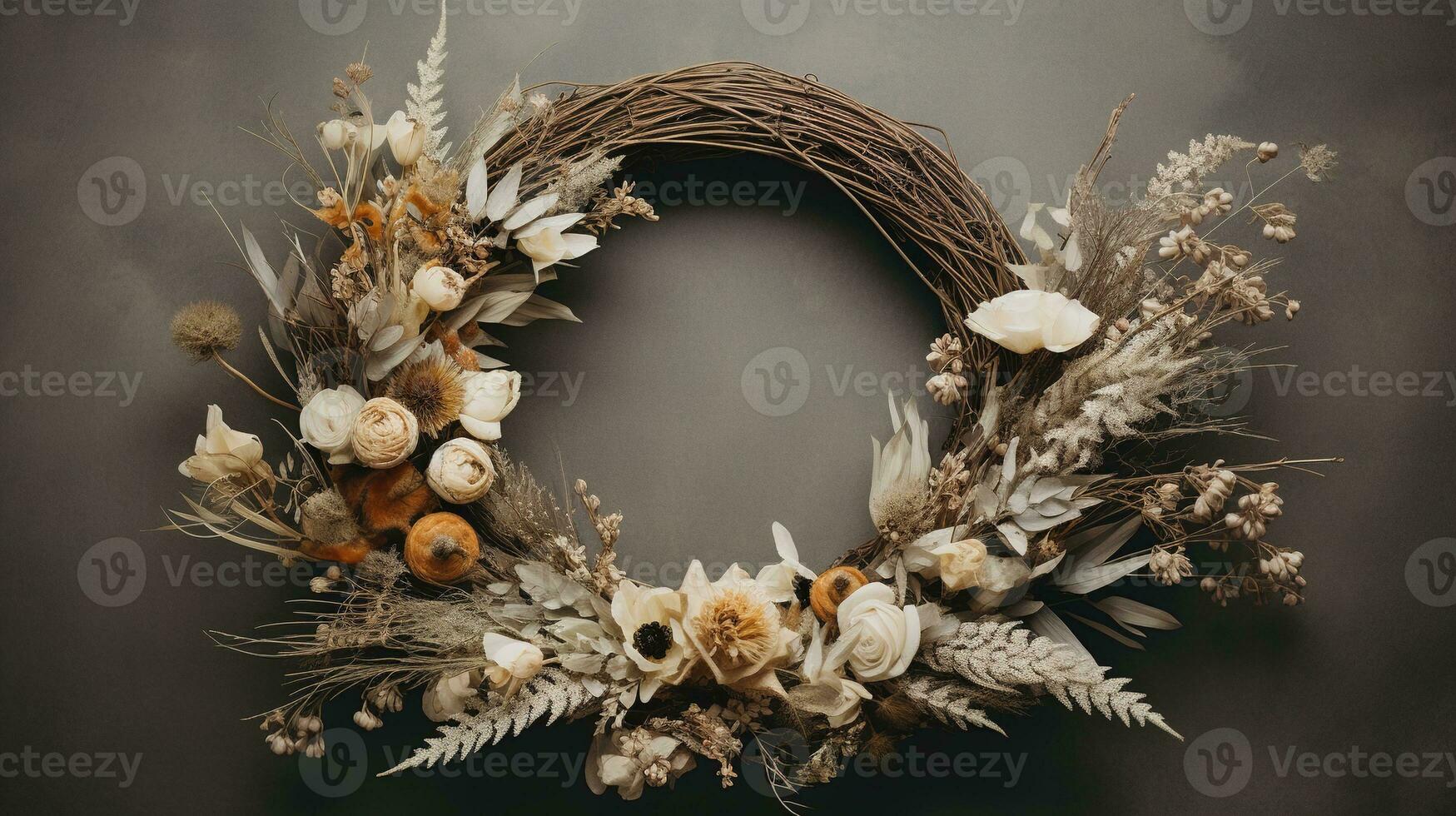 Generative AI, Stylish autumn rustic wreath close up, aesthetic muted colors photo