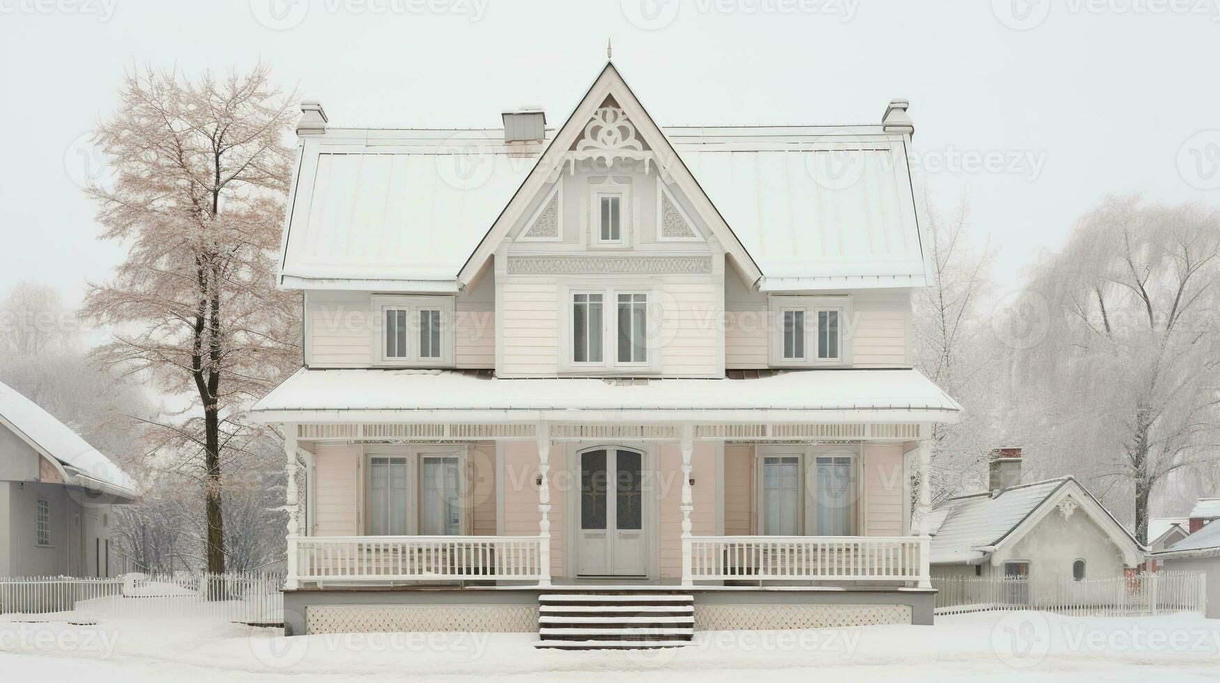 Generative AI, House front in the winter with Christmas decoration, wreath and garland. Snow cosy season photo